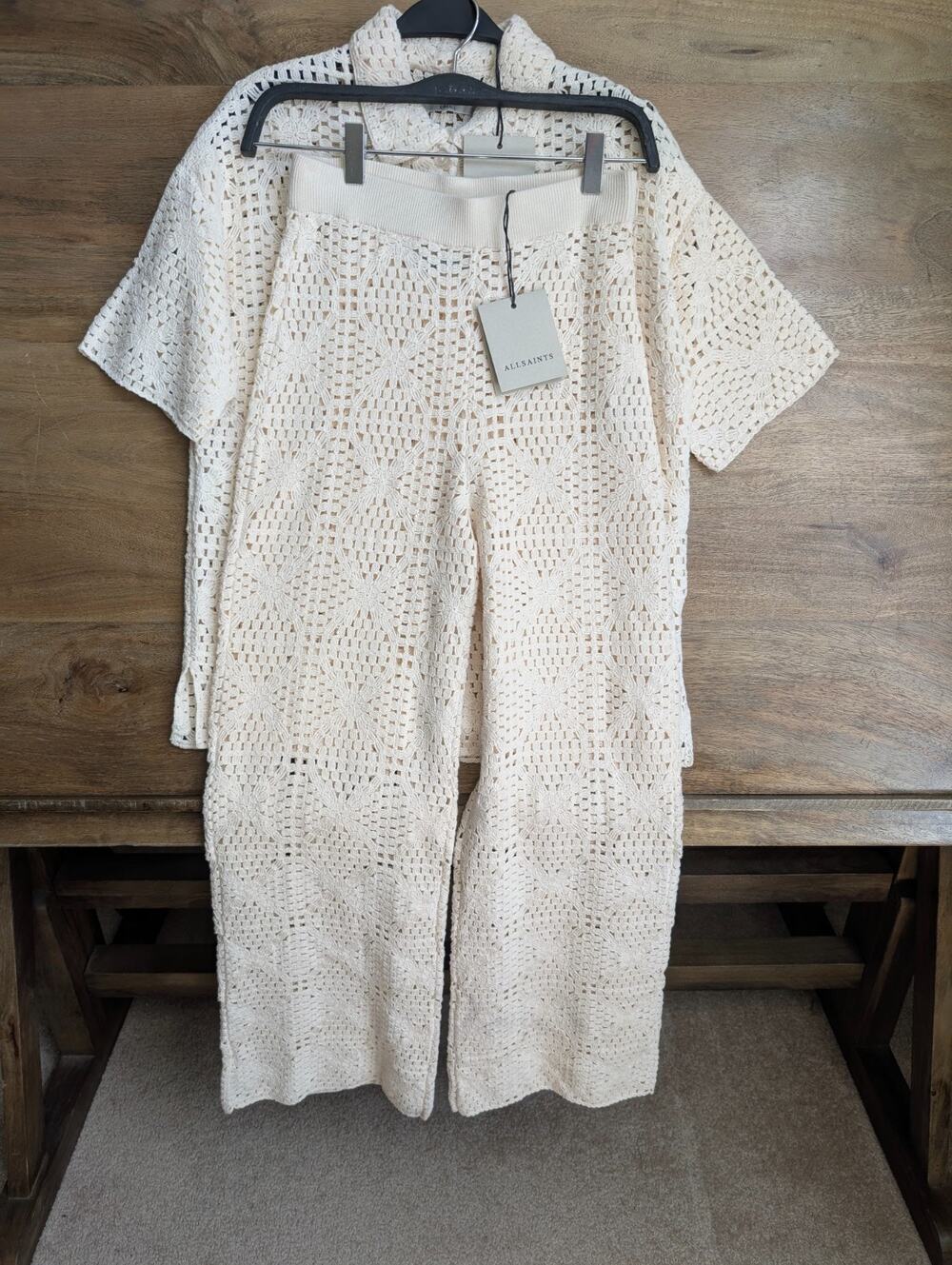 Allsaints Milly Open Knit 2-Piece Pajama Set Womens M Ecru White Short Sleeve